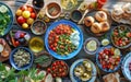 An overhead view of a garden-fresh tomato salad, featuring a colorful medley of heirloom tomatoes, on a rustic wooden Royalty Free Stock Photo