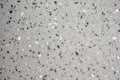 overhead view of gray terrazzo flooring with metallic chips