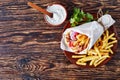 Overhead view of greek souvlaki, flat lay Royalty Free Stock Photo