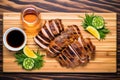 overhead view of grilled duck slices on a bamboo board Royalty Free Stock Photo