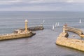 Overhead view of the harbour at Whitby in afternoon sunlight Royalty Free Stock Photo