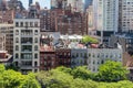 Overhead view of historic buildings crowded in Midtown Manhattan New York City seen from the Roosevelt Island Tramway Royalty Free Stock Photo