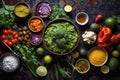 overhead view of homemade guacamole spread