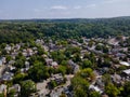 Overhead view of Lambertville New Jersey USA the small town residential suburban area with bridge across the river in the historic