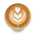 Overhead View of Latte Art Featuring Heart Pattern in Tan Liquid on White Royalty Free Stock Photo