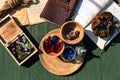 Overhead view of magic potions and RPG gaming dice Royalty Free Stock Photo