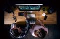 Overhead View Of Male And Female Musicians At Workstation With Keyboard And Microphone In Studio Royalty Free Stock Photo