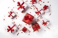 Overhead view of many Christmas presents wrapped with white paper on flat white surface background, neural network Royalty Free Stock Photo