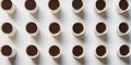 Overhead View Of Many Coffee Cups In Symmetrical Pattern. Array Of Full Coffee Cups. Generative AI