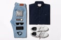 Overhead view of men`s casual outfits, Outfits of traveler, male