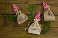 Overhead view of mint candies in jute sack with twigs