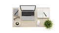 Overhead view of a modern desk setup with a laptop coffee and notebook glasses Royalty Free Stock Photo