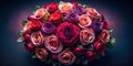 Overhead View Multicolored Rose Bouquet, Dewdrops, Dark Background