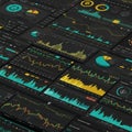 Overhead view of multiple digital dashboards displaying complex data visualizations. Royalty Free Stock Photo