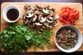 overhead view of mushroom bruschetta preparation