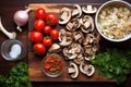 overhead view of mushroom bruschetta preparation