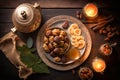 Overhead view on Muslim iftar breaking fast with dried dates, nuts and sweet drinks, with lantern lamp as decoration