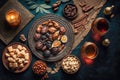 Overhead view on Muslim iftar breaking fast with dried dates, nuts and sweet drinks, with lantern lamp as decoration