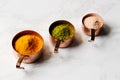 Overhead View Of Natural Beauty And Health Products In Measuring Cups On Marble Background