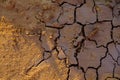 An overhead view of a natural mosaic formed by cracks in dry clay soil. Dead nature. Drought. Background and texture Royalty Free Stock Photo