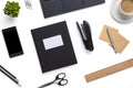 Office Supplies And Devices Arranged On Isolated White Background Royalty Free Stock Photo