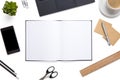 Open Diary Surrounded With Office Supplies On Isolated White Background Royalty Free Stock Photo