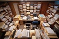 overhead view of an organized office with neat stacks of documents, files, and binders Royalty Free Stock Photo