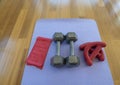 Overhead view of a pair of dumbbells, theraband exercise bands, and a yoga mat on hardwood floor