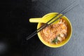 Overhead view of Penang prawn mee, popular noodle in Malaysia Royalty Free Stock Photo