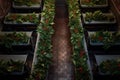 an overhead view of pews lined with holly wreathes