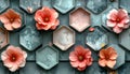 Overhead view of pink flowers on hexagonal tiles with marble texture Royalty Free Stock Photo
