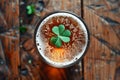 overhead view of a pint of beer with a lucky irish clover. St Patrick's day drink Royalty Free Stock Photo