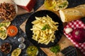 overhead view of plate of macaroni with meat and mix of vegetables Royalty Free Stock Photo