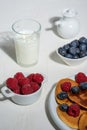 Overhead view of plate with pancakes, blueberries, raspberries and glass of milk, on white table