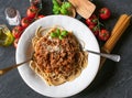 Overhead view of a plate with Spaghetti Bolognese