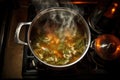 overhead view of a pot simmering soup on stove Royalty Free Stock Photo