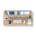 Overhead View of a Programmer s Desk with Dual Monitors Displaying Code Coffee Smartphone Keyboard Mouse and Notebook for Technolo Royalty Free Stock Photo