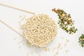 Overhead view of raw instant Asian egg noodles, seasonings and chopsticks on white background