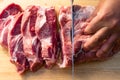 Overhead view of raw piece of pork on wooden background. Piece of fresh boneless pork, neck part or collar. Big piece of red raw m Royalty Free Stock Photo