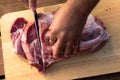 Overhead view of raw piece of pork on wooden background. Piece of fresh boneless pork, neck part or collar. Big piece of red raw m Royalty Free Stock Photo