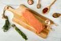 Overhead view of raw pieces of salmon pressed in briquette Royalty Free Stock Photo