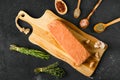 Overhead view of raw pieces of salmon pressed in briquette