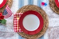Overhead view of red white and blue picnic place setting Royalty Free Stock Photo