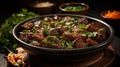 overhead view of Rendang Padang. Spicy beef stew from Padang, Indonesia. Generative AI Royalty Free Stock Photo