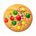 Overhead View of a Round Cookie with Multi Colored Candy on White Background Royalty Free Stock Photo