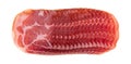 Top view of a row of thinly cut dry coppa on a white background