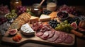 Overhead View of Rustic Charcuterie Spread. Generative AI