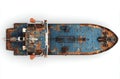Rusty Cargo Ship Aerial View Weathered Blue and Orange Hull on White Background Royalty Free Stock Photo