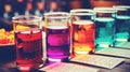 An overhead view of a science experiment setup on a table, showcasing various materials like test tubes, microscopes, and