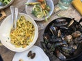 Overhead view of seasonal organic Mediterranean inspired dishes